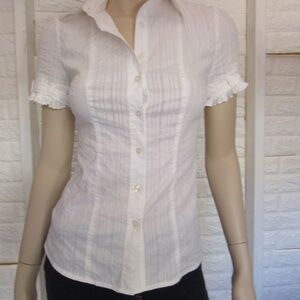 CLUB MONACO Pleat Buckle Short Sleeve Metallic Striped Women's Shirt